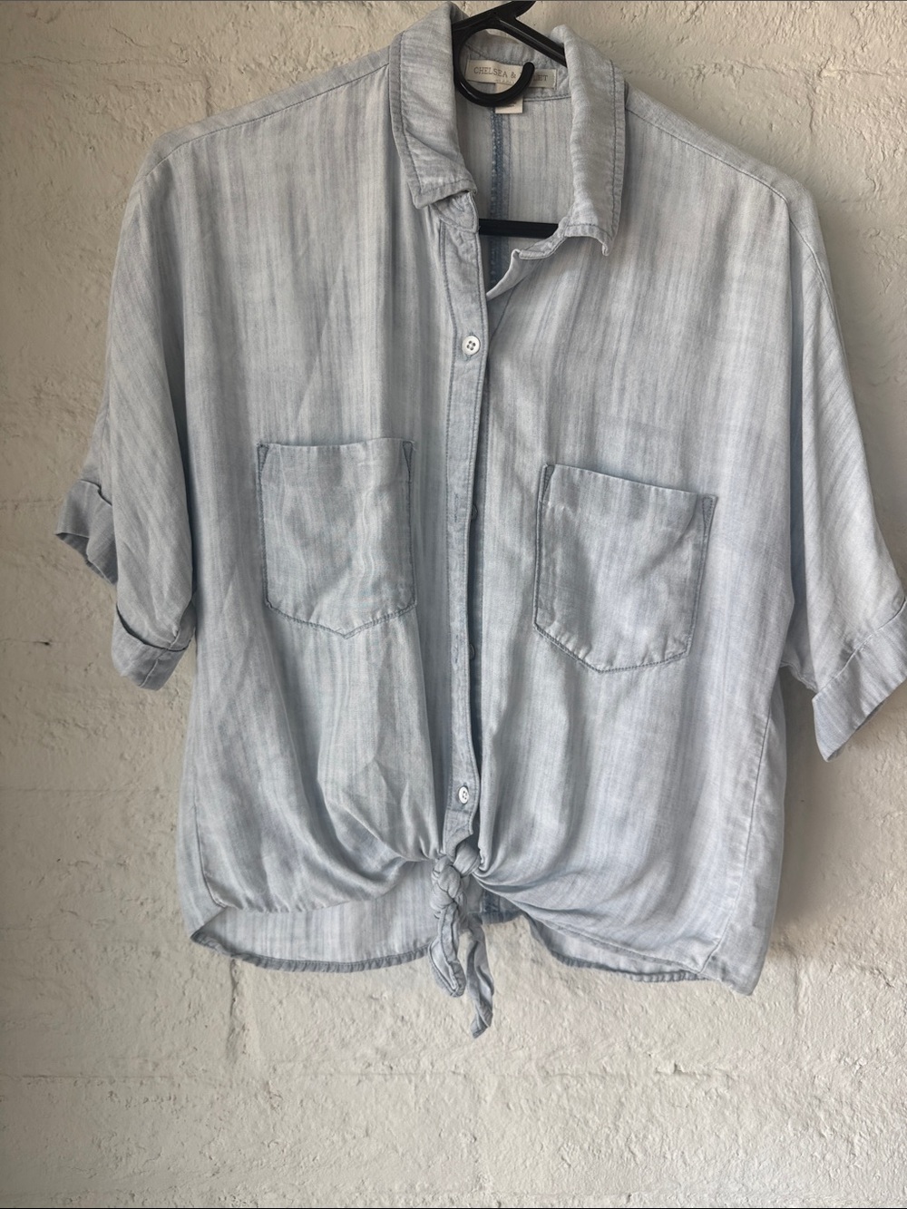 Charlotte and Violet Light Blue Tie-Front Short Sleeve Shirt- denim - Small